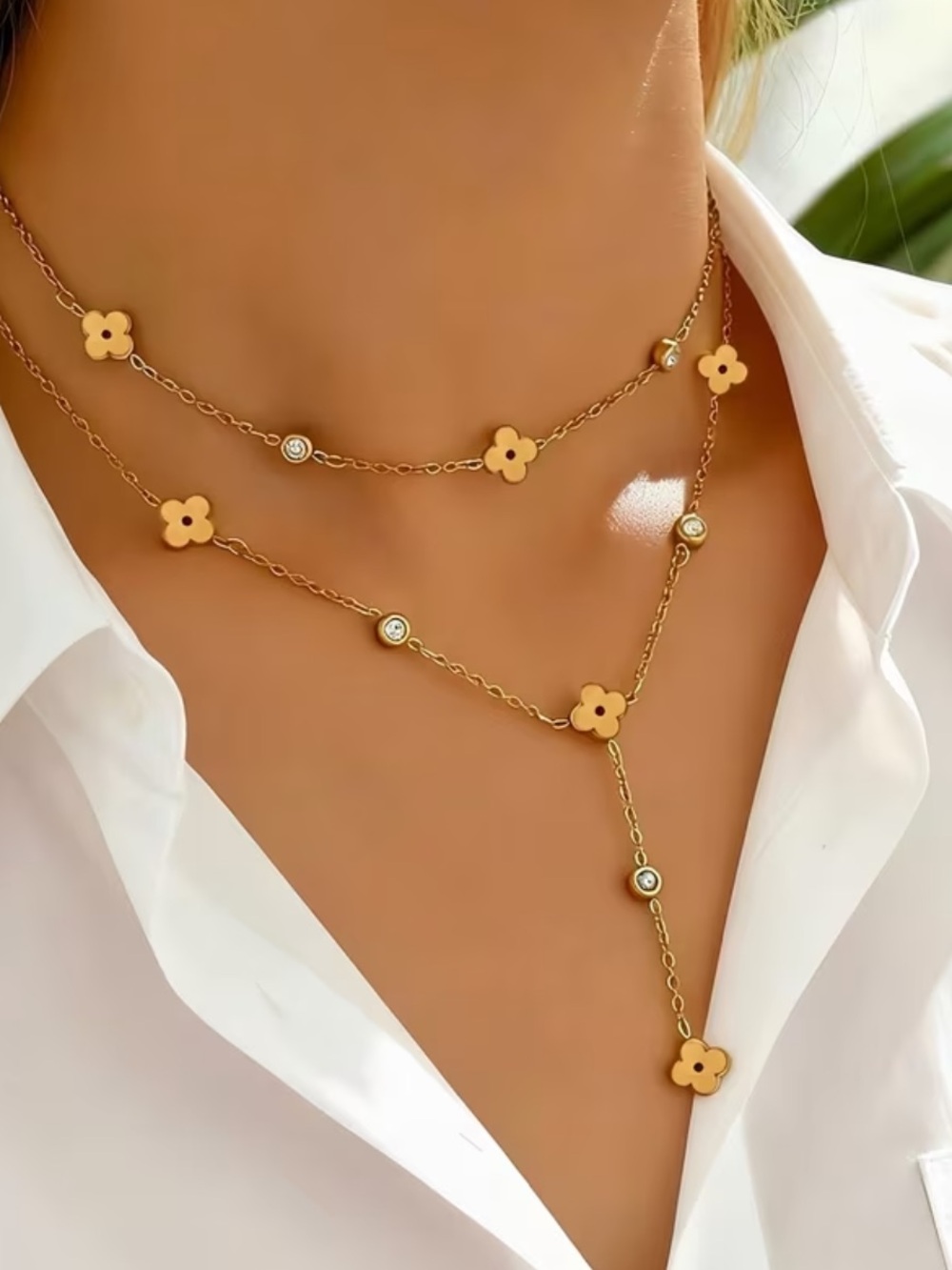 Gold Clover Layered Lariat Necklace - Elegant Women's Jewelry